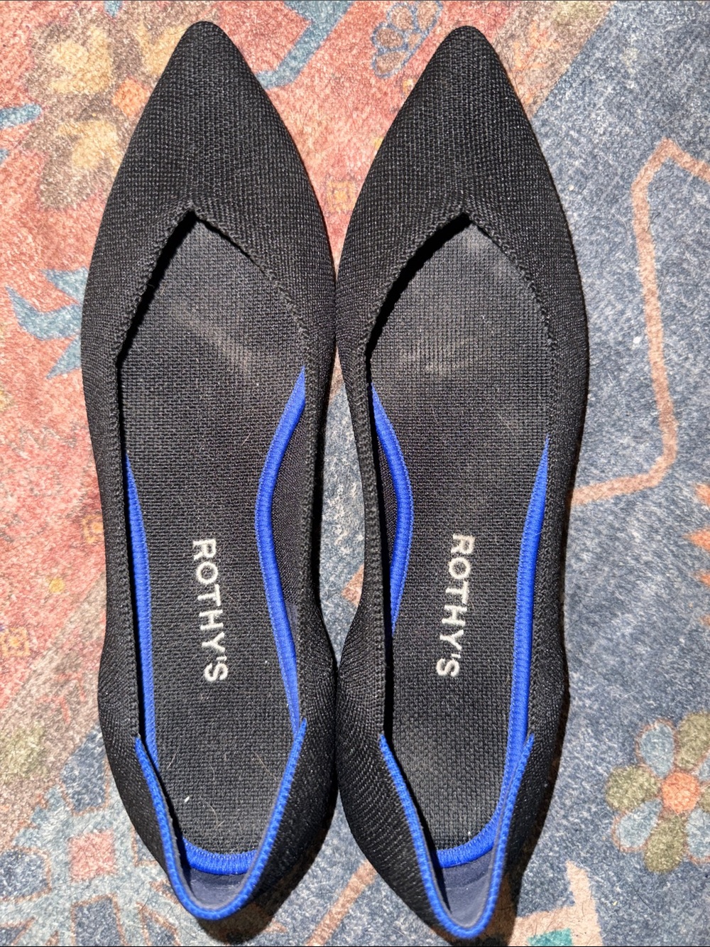 Rothy's Black Pointed Slip-On Flats with Blue Trim